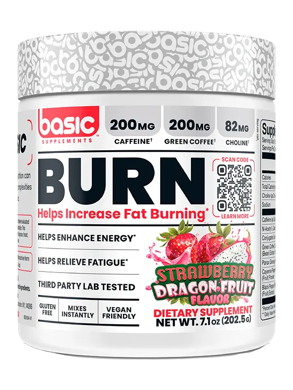 Supplement container labeled 'BURN' with strawberry and dragon fruit flavor on a white background
